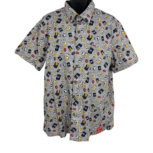 Aloha Made Me Mens Large L Hawaiian Short Sleeve Shirt Maneki Neko Grey Button - Picture 1 of 9